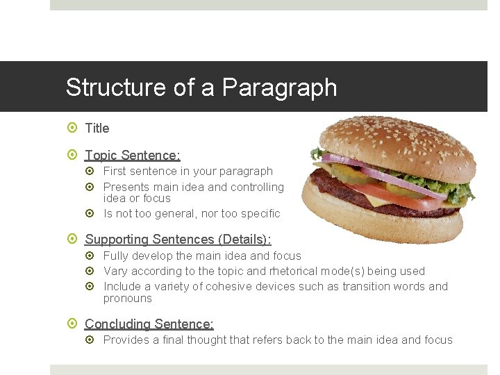 Structure of a Paragraph Title Topic Sentence: First sentence in your paragraph Presents main