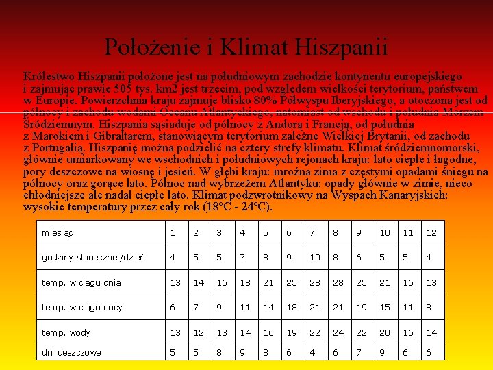 Położenie i Klimat Hiszpanii Królestwo Hiszpanii położone jest na południowym zachodzie kontynentu europejskiego i