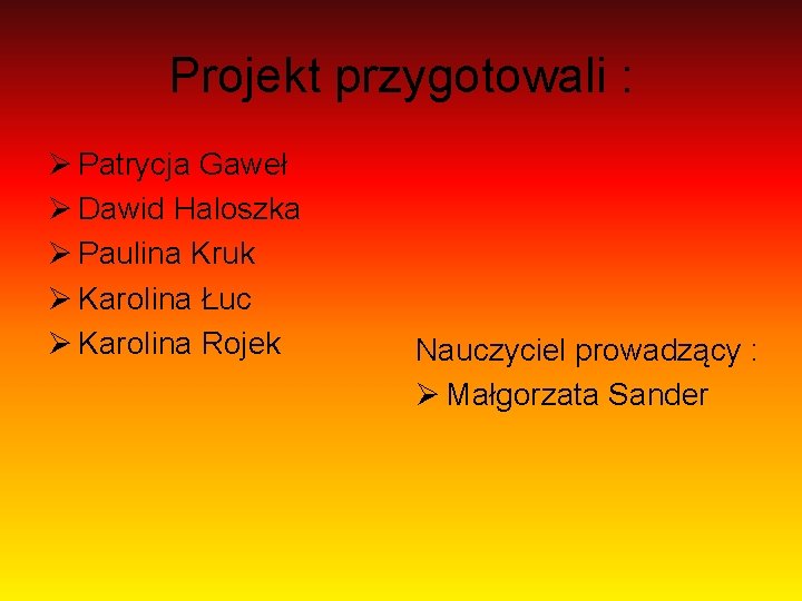 Projekt przygotowali : Ø Patrycja Gaweł Ø Dawid Haloszka Ø Paulina Kruk Ø Karolina