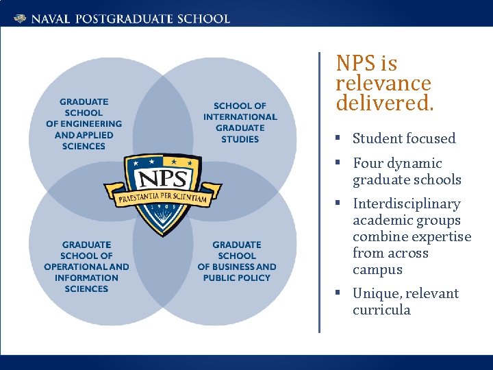NPS is relevance delivered. § Student focused § Four dynamic graduate schools § Interdisciplinary