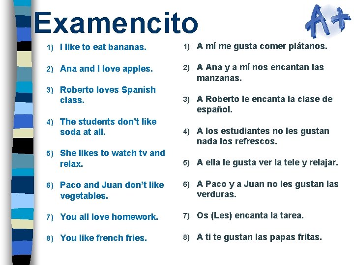 Examencito 1) I like to eat bananas. 1) A mí me gusta comer plátanos. Examencito 1) I like to eat bananas. 1) A mí me gusta comer plátanos.