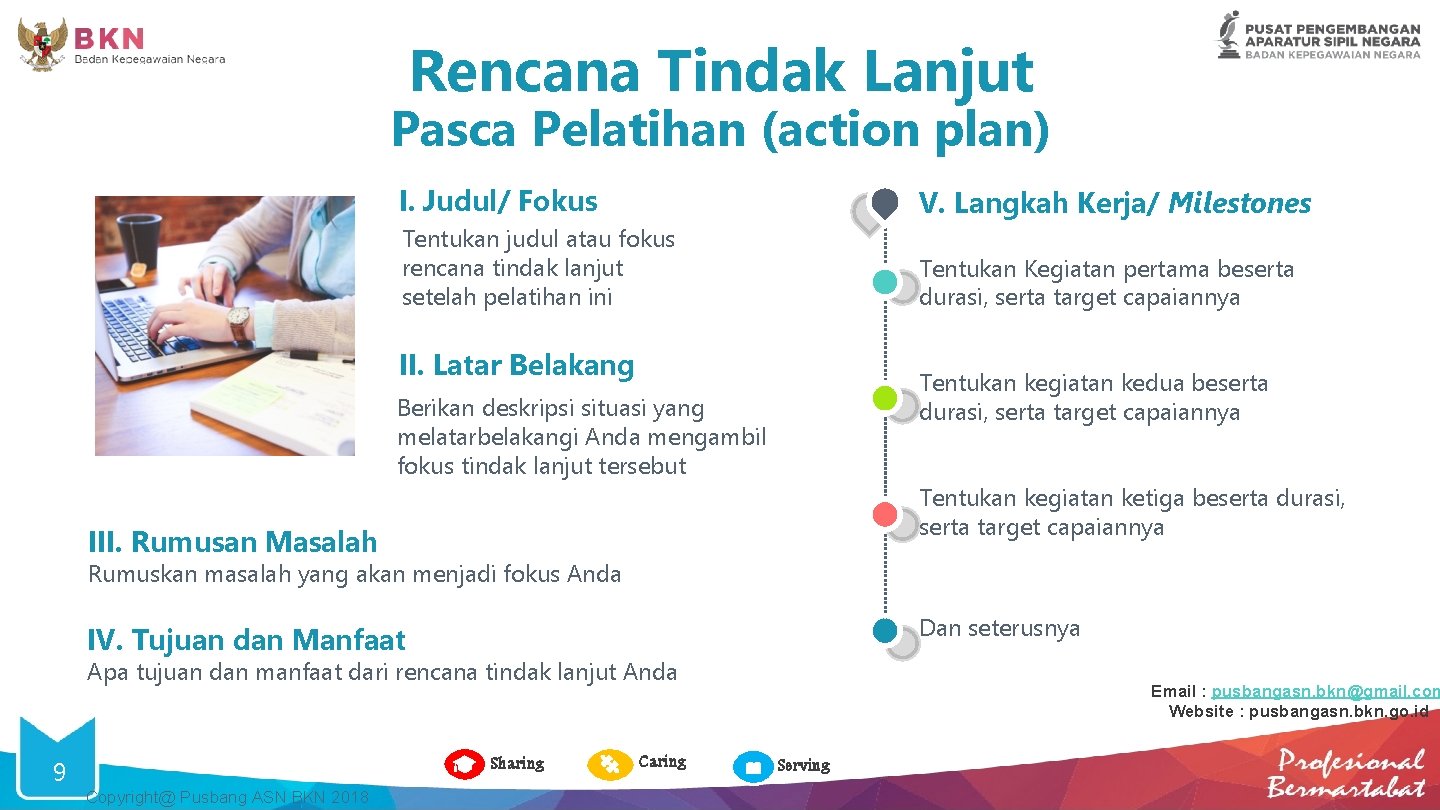 Rencana Tindak Lanjut Pasca Pelatihan (action plan) I. Judul/ Fokus V. Langkah Kerja/ Milestones