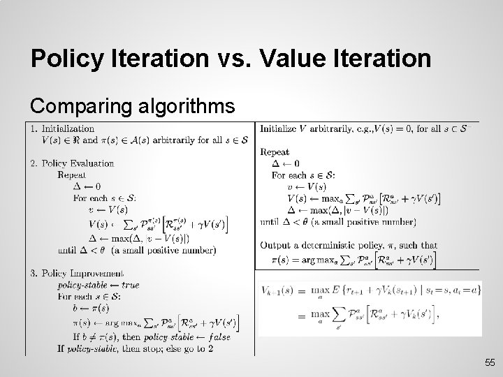 Policy Iteration vs. Value Iteration Comparing algorithms 55 