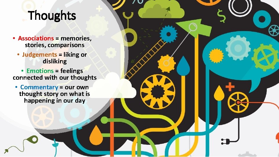 Thoughts • Associations = memories, stories, comparisons • Judgements = liking or disliking • Thoughts • Associations = memories, stories, comparisons • Judgements = liking or disliking •