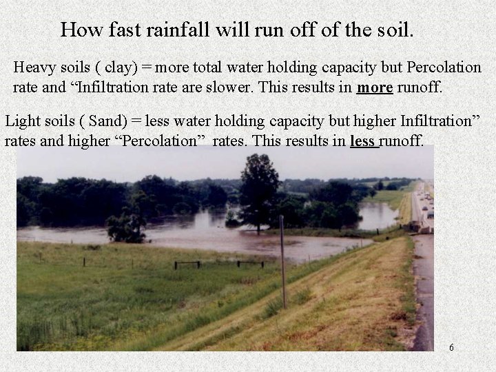 How fast rainfall will run off of the soil. Heavy soils ( clay) =