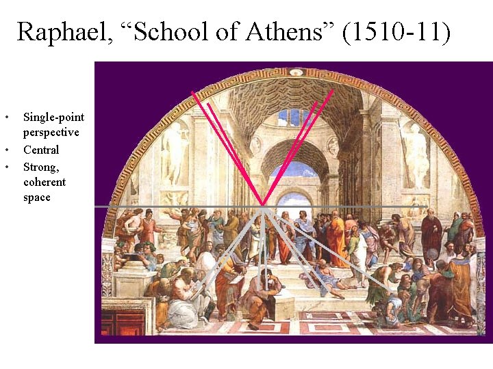 Raphael, “School of Athens” (1510 -11) • • • Single-point perspective Central Strong, coherent