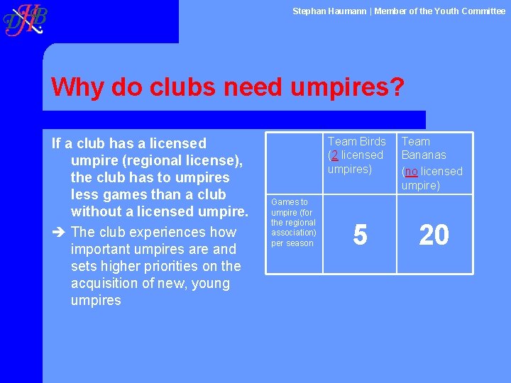 Stephan Haumann | Member of the Youth Committee Why do clubs need umpires? If