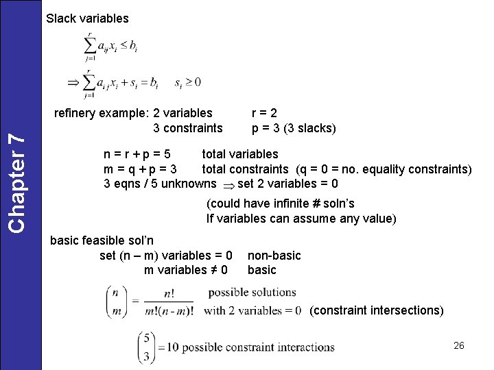 Chapter 7 Slack variables refinery example: 2 variables 3 constraints r=2 p = 3