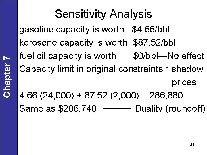 Chapter 7 Sensitivity Analysis gasoline capacity is worth $4. 66/bbl kerosene capacity is worth