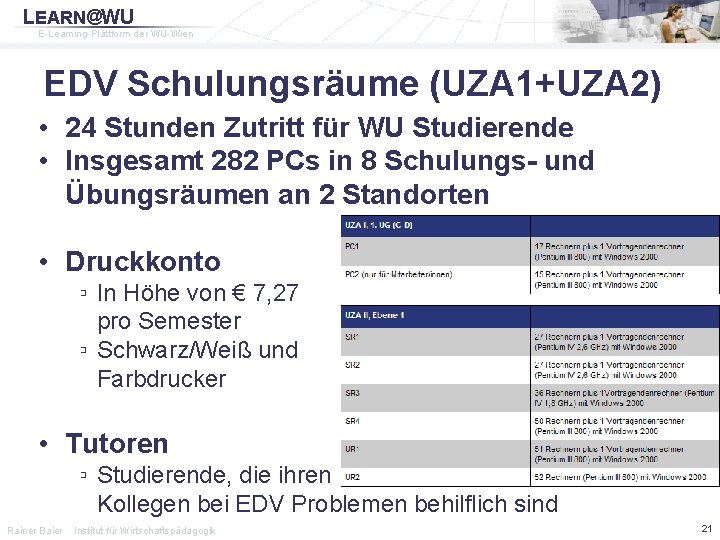 LEARN@WU E-Learning-Plattform der WU-Wien EDV Schulungsräume (UZA 1+UZA 2) • 24 Stunden Zutritt für