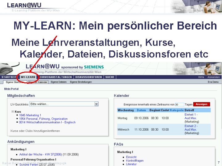 LEARN@WU E-Learning-Plattform der WU-Wien MY-LEARN: Mein persönlicher Bereich Meine Lehrveranstaltungen, Kurse, Kalender, Dateien, Diskussionsforen