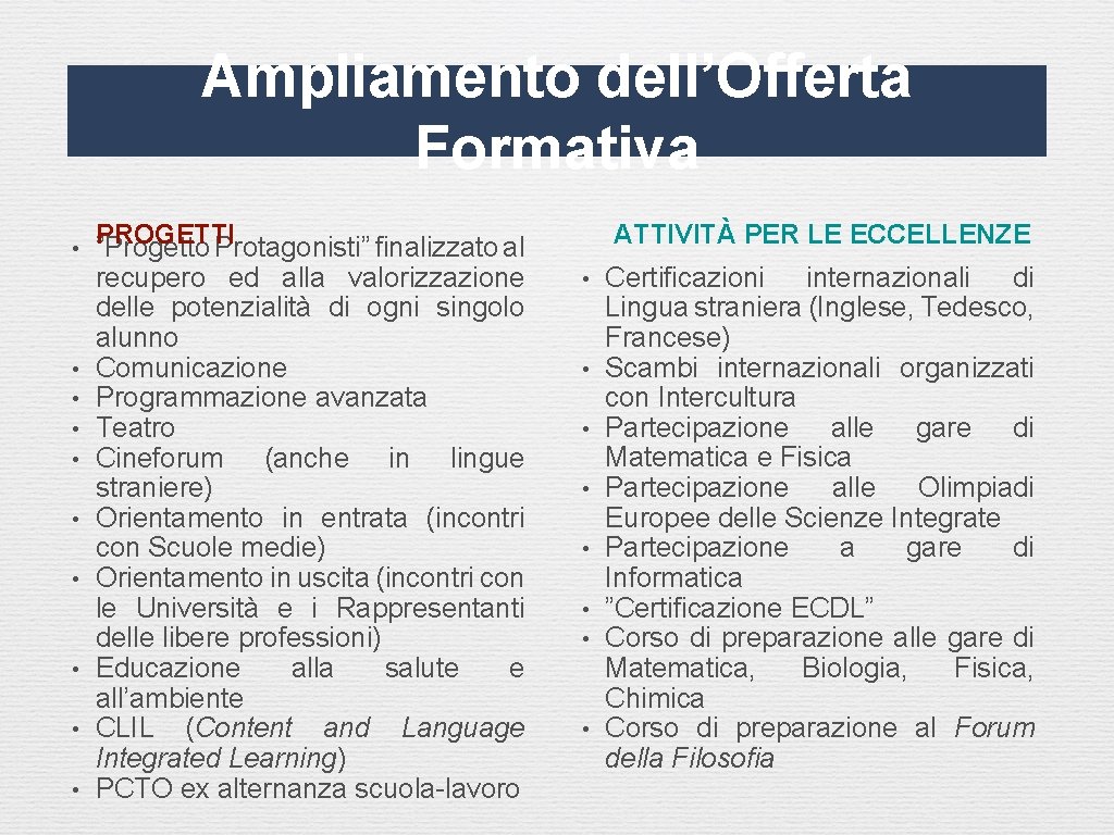 Ampliamento dell’Offerta Formativa • • • PROGETTI ”Progetto Protagonisti” finalizzato al recupero ed alla