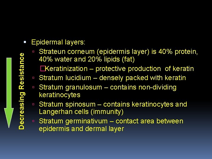 Decreasing Resistance Epidermal layers: Strateun corneum (epidermis layer) is 40% protein, 40% water and