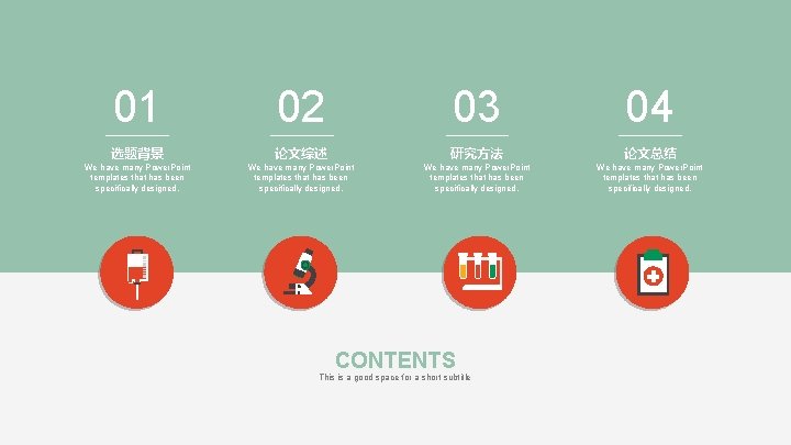 01 02 03 04 选题背景 论文综述 研究方法 论文总结 We have many Power. Point templates