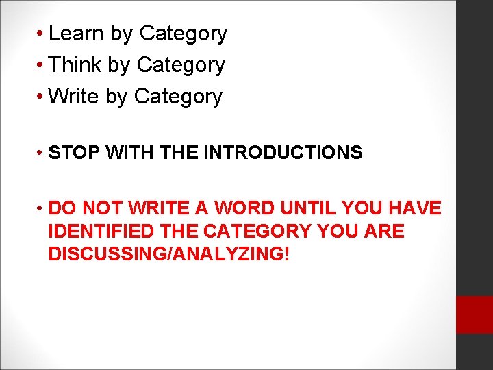  • Learn by Category • Think by Category • Write by Category •
