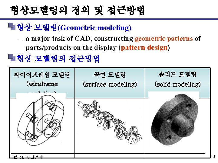 형상모델링의 정의 및 접근방법 형상 모델링(Geometric modeling) – a major task of CAD, constructing