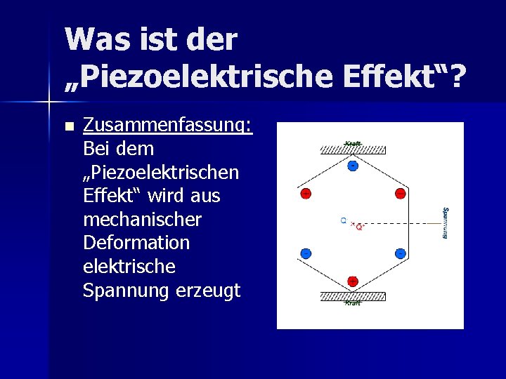 Was ist der „Piezoelektrische Effekt“? n Zusammenfassung: Bei dem „Piezoelektrischen Effekt“ wird aus mechanischer