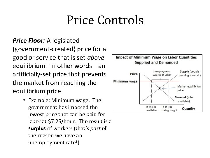 Price Controls Price Floor: A legislated (government-created) price for a good or service that