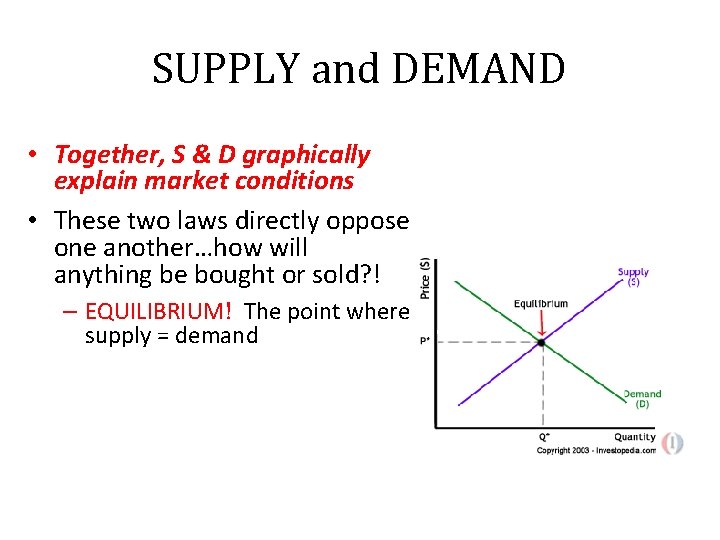 SUPPLY and DEMAND • Together, S & D graphically explain market conditions • These