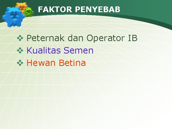 FAKTOR PENYEBAB v Peternak dan Operator IB v Kualitas Semen v Hewan Betina 