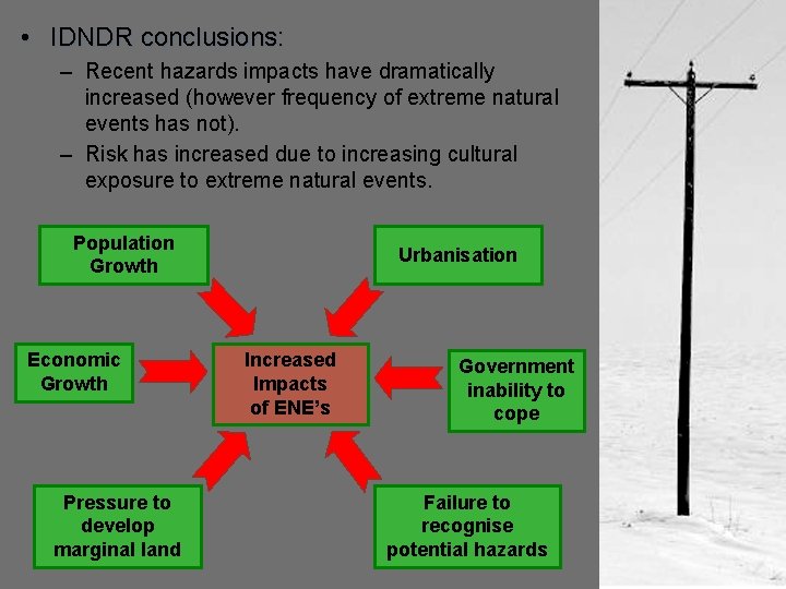 • IDNDR conclusions: – Recent hazards impacts have dramatically increased (however frequency of • IDNDR conclusions: – Recent hazards impacts have dramatically increased (however frequency of