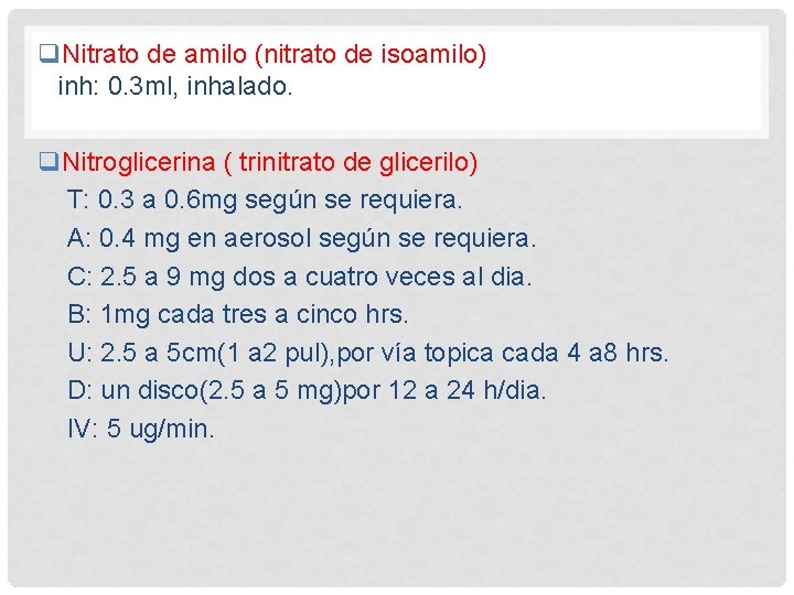 q. Nitrato de amilo (nitrato de isoamilo) inh: 0. 3 ml, inhalado. q. Nitroglicerina