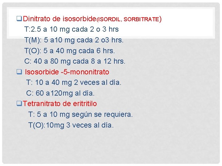 q. Dinitrato de isosorbide(ISORDIL, SORBITRATE) T: 2. 5 a 10 mg cada 2 o