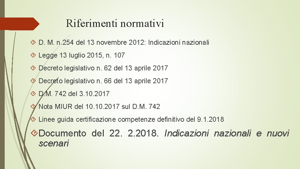 Riferimenti normativi D. M. n. 254 del 13 novembre 2012: Indicazioni nazionali Legge 13