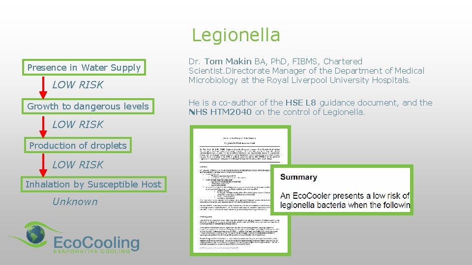 Legionella Presence in Water Supply LOW RISK Growth to dangerous levels LOW RISK Production