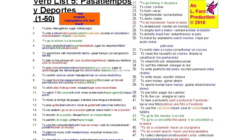 Verb List 5: Pasatiempos 21. 22. 23. y Deportes 24. (1 -50) *=see irregular