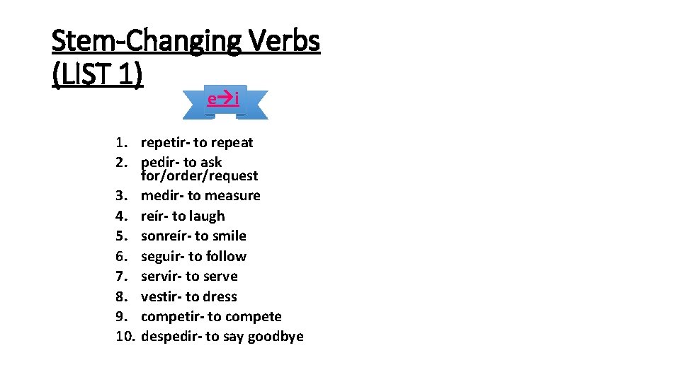 Stem-Changing Verbs (LIST 1) e i 1. repetir- to repeat 2. pedir- to ask