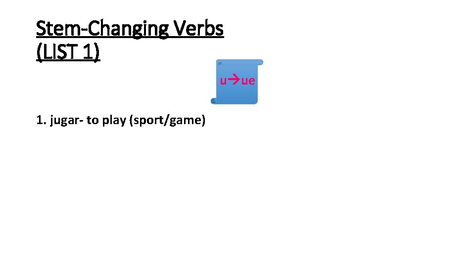 Stem-Changing Verbs (LIST 1) u ue 1. jugar- to play (sport/game) 