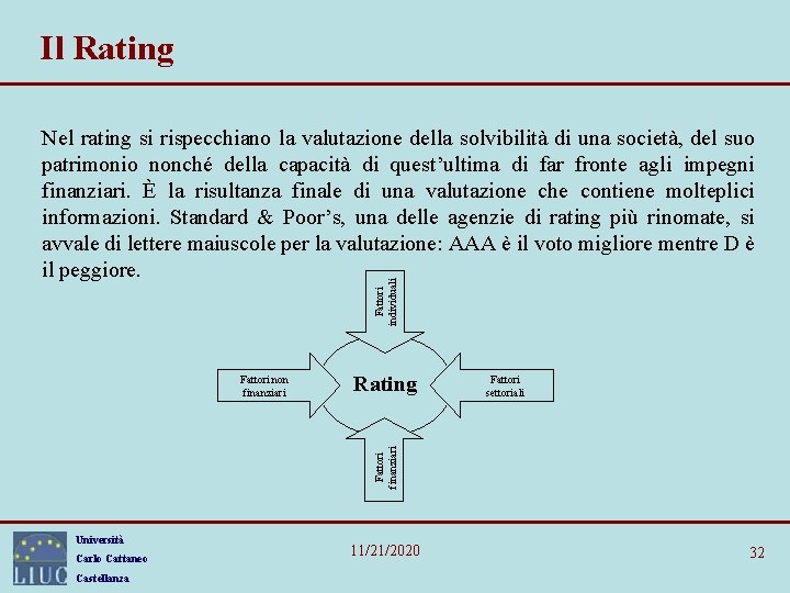 Il Rating Fattori individuali Nel rating si rispecchiano la valutazione della solvibilità di una Il Rating Fattori individuali Nel rating si rispecchiano la valutazione della solvibilità di una