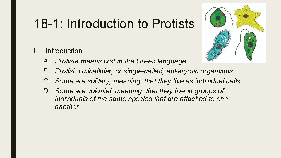 18 -1: Introduction to Protists I. Introduction A. Protista means first in the Greek 18 -1: Introduction to Protists I. Introduction A. Protista means first in the Greek