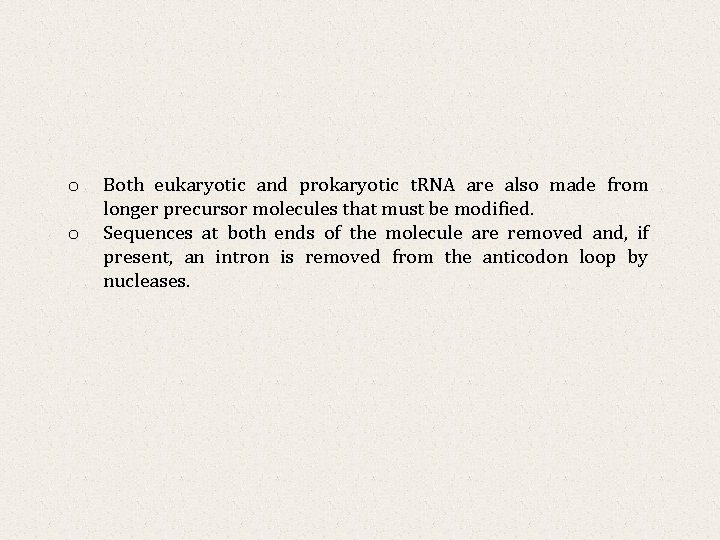 o o Both eukaryotic and prokaryotic t. RNA are also made from longer precursor