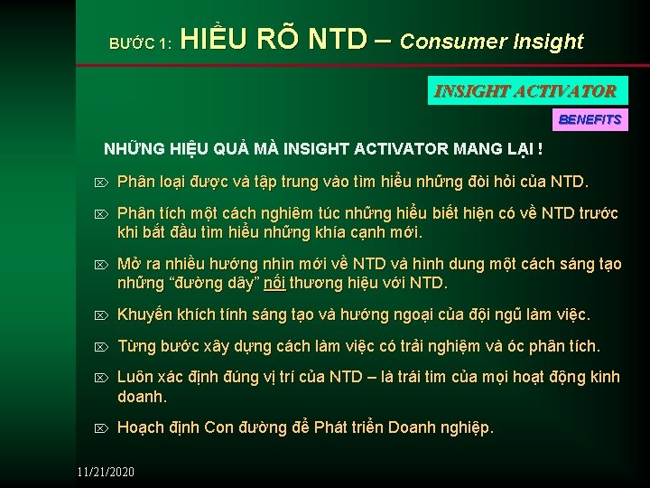 BƯỚC 1: HIỂU RÕ NTD – Consumer Insight INSIGHT ACTIVATOR BENEFITS NHỮNG HIỆU QUẢ