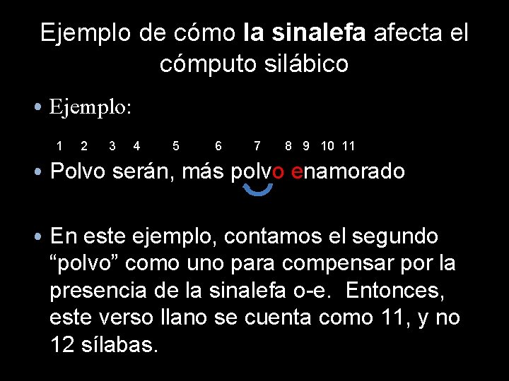 Ejemplo de cómo la sinalefa afecta el cómputo silábico • Ejemplo: 1 2 3