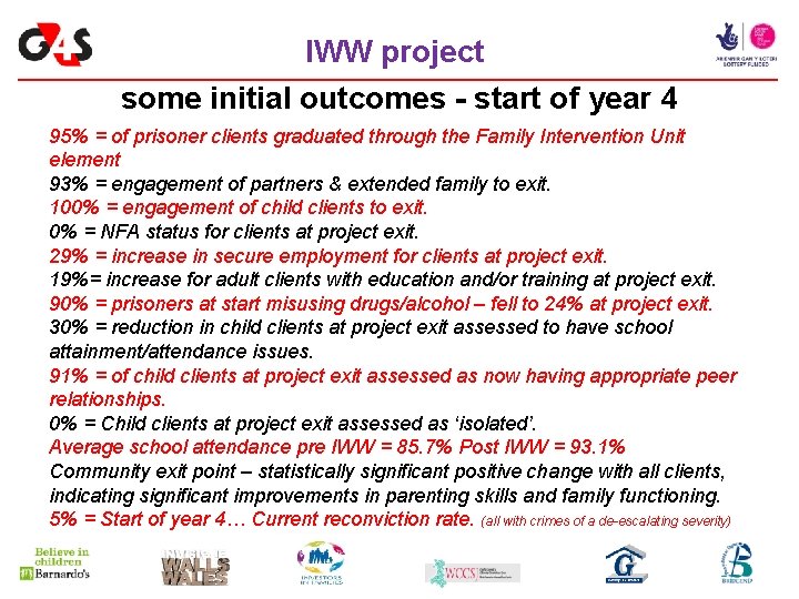 IWW project some initial outcomes - start of year 4 95% = of prisoner