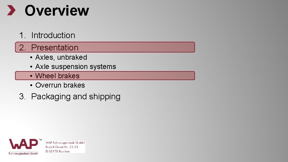 Overview 1. Introduction 2. Presentation • • Axles, unbraked Axle suspension systems Wheel brakes Overview 1. Introduction 2. Presentation • • Axles, unbraked Axle suspension systems Wheel brakes