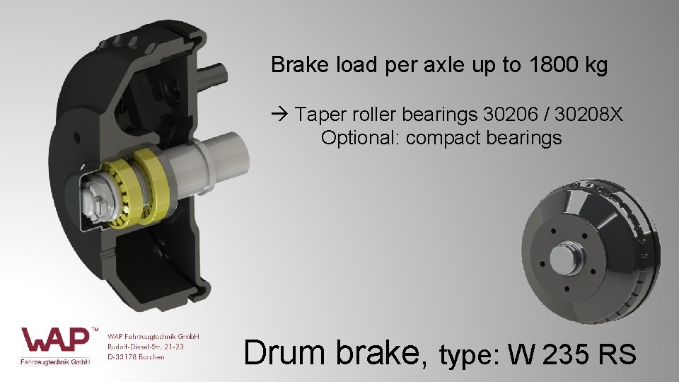 Brake load per axle up to 1800 kg Taper roller bearings 30206 / 30208 Brake load per axle up to 1800 kg Taper roller bearings 30206 / 30208