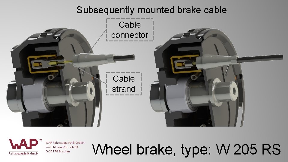 Subsequently mounted brake cable Cable connector Cable strand Wheel brake, type: W 205 RS Subsequently mounted brake cable Cable connector Cable strand Wheel brake, type: W 205 RS