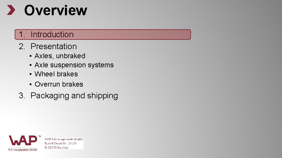 Overview 1. Introduction 2. Presentation • • Axles, unbraked Axle suspension systems Wheel brakes Overview 1. Introduction 2. Presentation • • Axles, unbraked Axle suspension systems Wheel brakes