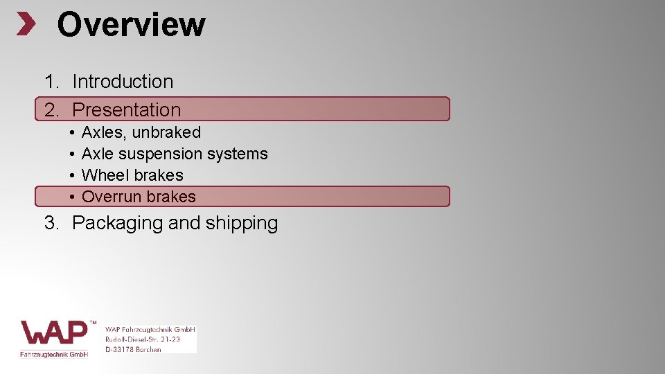 Overview 1. Introduction 2. Presentation • • Axles, unbraked Axle suspension systems Wheel brakes Overview 1. Introduction 2. Presentation • • Axles, unbraked Axle suspension systems Wheel brakes