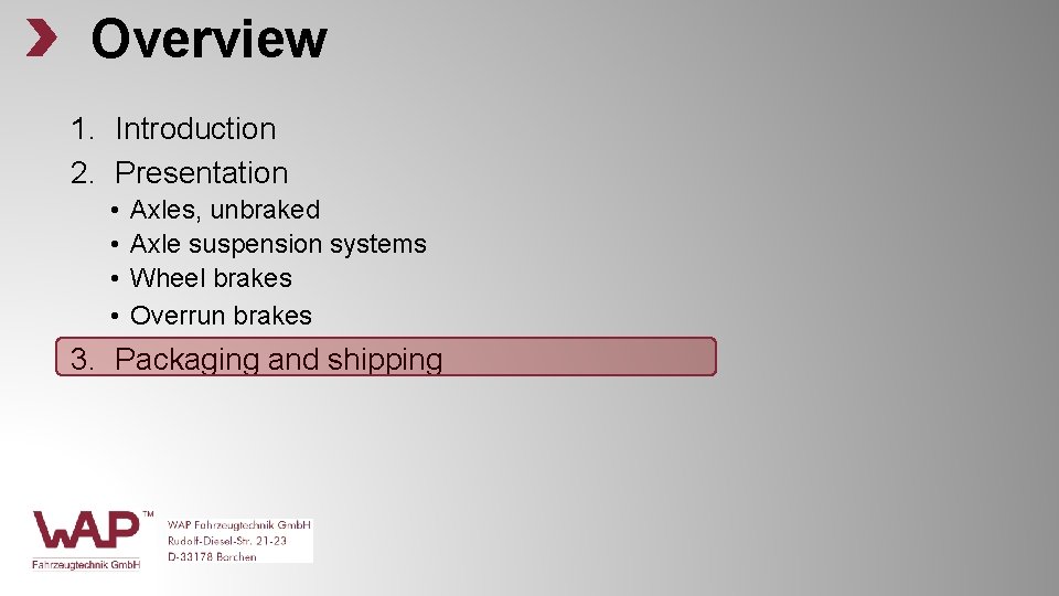 Overview 1. Introduction 2. Presentation • • Axles, unbraked Axle suspension systems Wheel brakes Overview 1. Introduction 2. Presentation • • Axles, unbraked Axle suspension systems Wheel brakes
