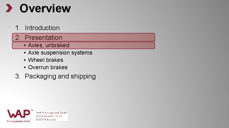 Overview 1. Introduction 2. Presentation • • Axles, unbraked Axle suspension systems Wheel brakes Overview 1. Introduction 2. Presentation • • Axles, unbraked Axle suspension systems Wheel brakes