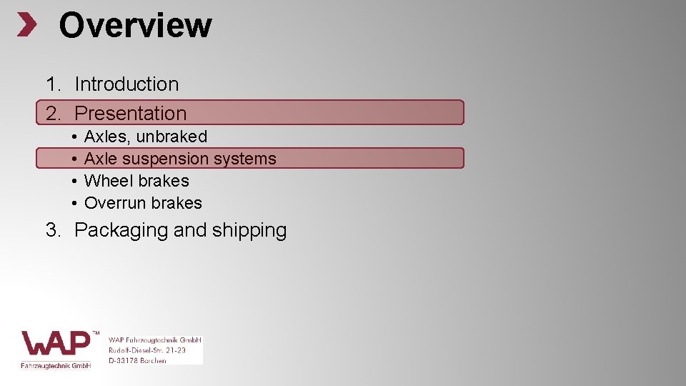 Overview 1. Introduction 2. Presentation • • Axles, unbraked Axle suspension systems Wheel brakes Overview 1. Introduction 2. Presentation • • Axles, unbraked Axle suspension systems Wheel brakes