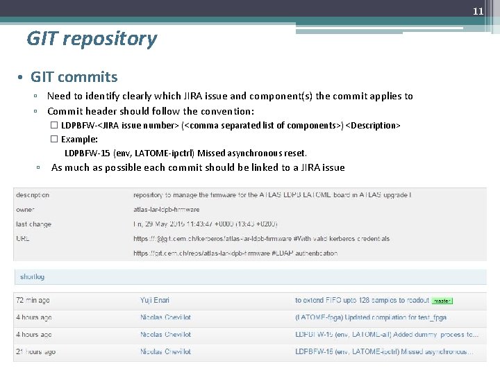 11 GIT repository • GIT commits ▫ Need to identify clearly which JIRA issue