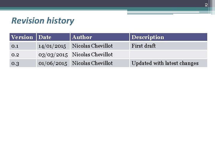 2 Revision history Version Date Author Description 0. 1 14/01/2015 Nicolas Chevillot First draft