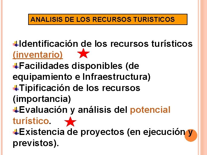 ANALISIS DE LOS RECURSOS TURISTICOS Identificación de los recursos turísticos (inventario) Facilidades disponibles (de