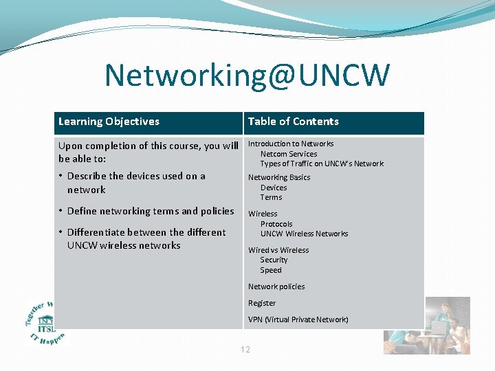 Networking@UNCW Learning Objectives Table of Contents Upon completion of this course, you will be